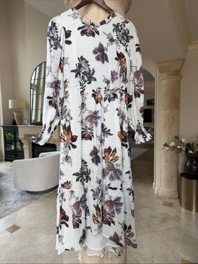NWT AllSaints Gracie Lily Midi Linen Silk Dress Stone White Floral Sz 4